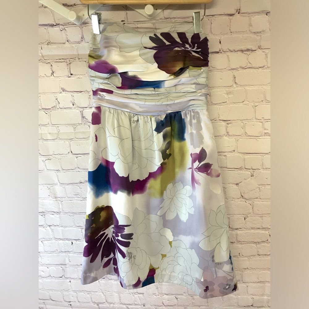 The Limited Gray Purple Navy Ruched Top Strapless Floral Satin Dress Size 2